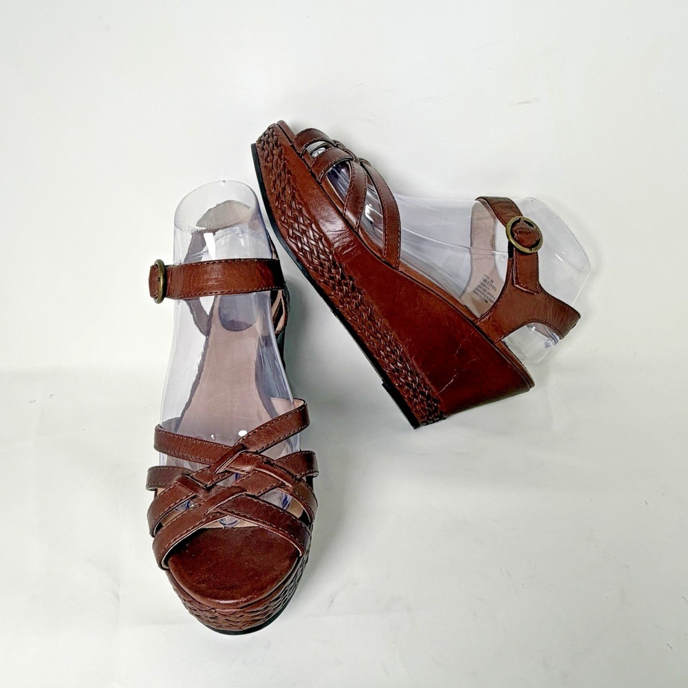FRYE & CO CARLIE 2 PIECE LEATHER ANKLE STRAP BROWN PLATFORM WEDGE SANDALS 8M NWB - Picture 6 of 12